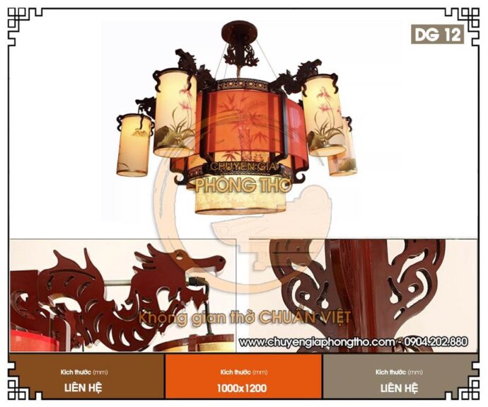đèn chùm gỗ họa tiết đầu rồng cho phòng thờ 2