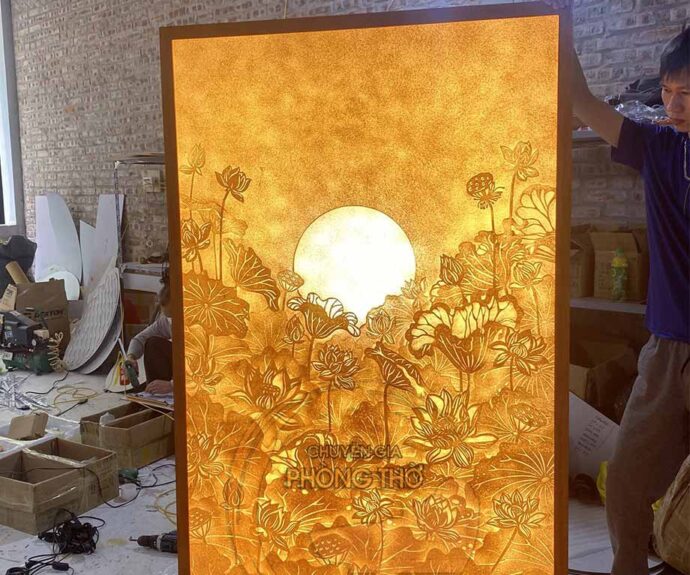 tranh trúc chỉ họa tiết hoa sen mặt trăng 3