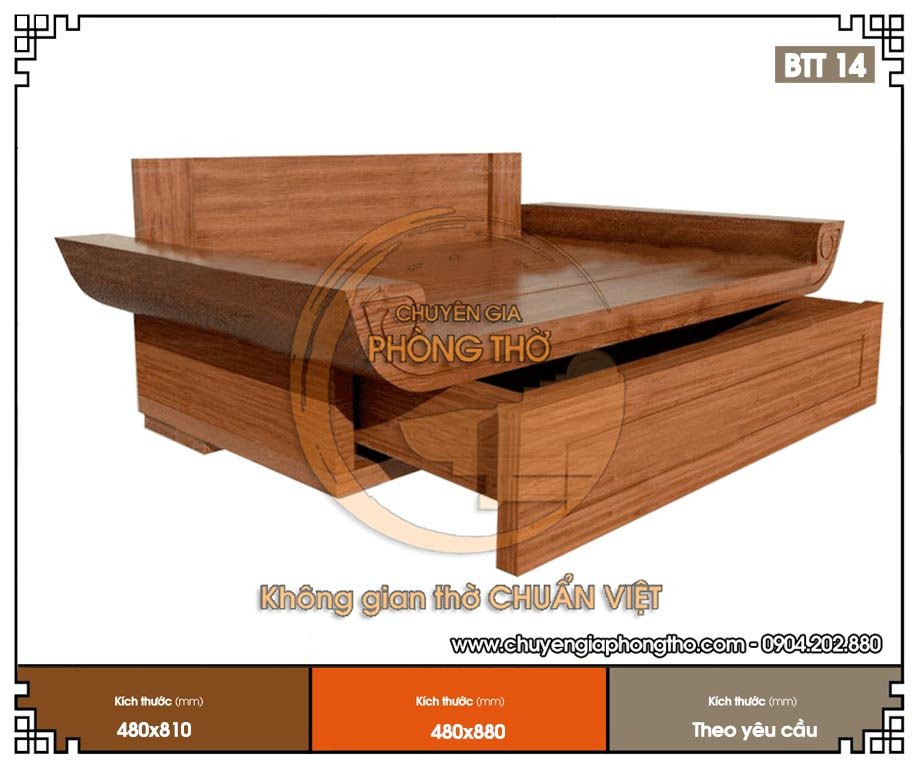 Mẫu bàn thờ phật treo tường có ngăn kéo BTT14 làm từ loại gỗ cao cấp