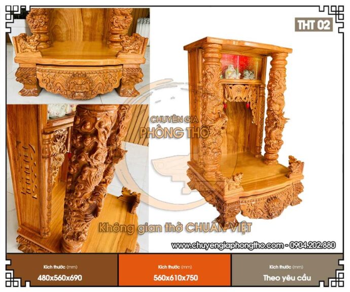 Mẫu bàn thờ thần tài mái bằng gỗ gõ THT02