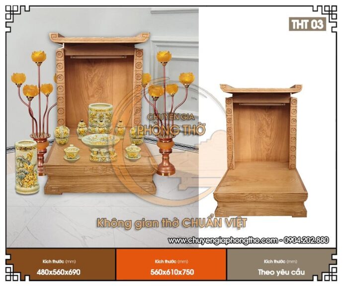 Mẫu bàn thờ thần tài mái bằng gỗ sồi THT03 kích thước chuẩn phong thuỷ
