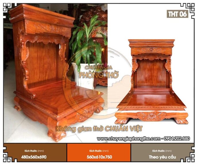Mẫu bàn thờ thần tài mái bằng họa tiết hoa sen THT06