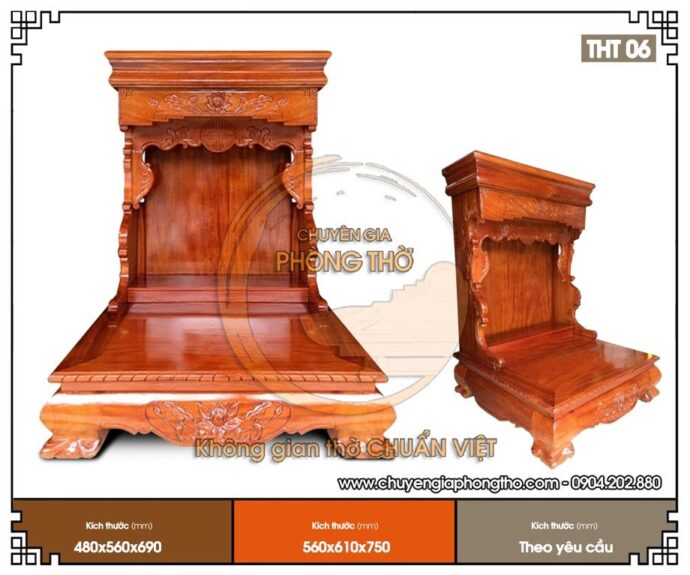 Mẫu bàn thờ thần tài mái bằng họa tiết hoa sen THT06