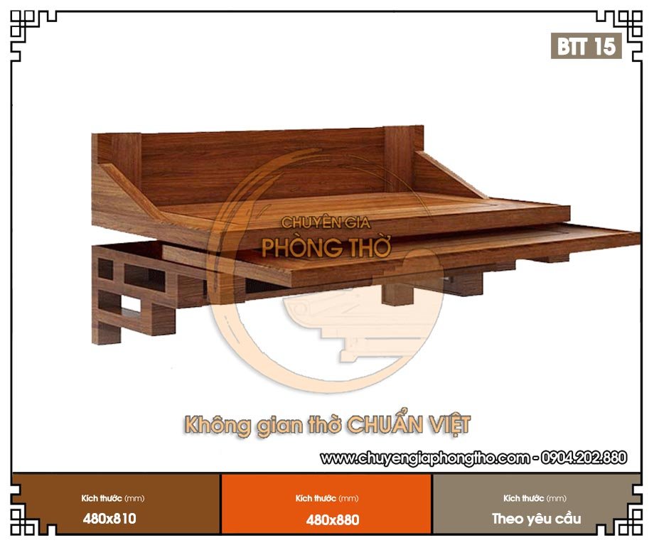 Mẫu bàn thờ treo tường có ngăn kéo gỗ gụ BTT15 kích thước chuẩn phong thuỷ