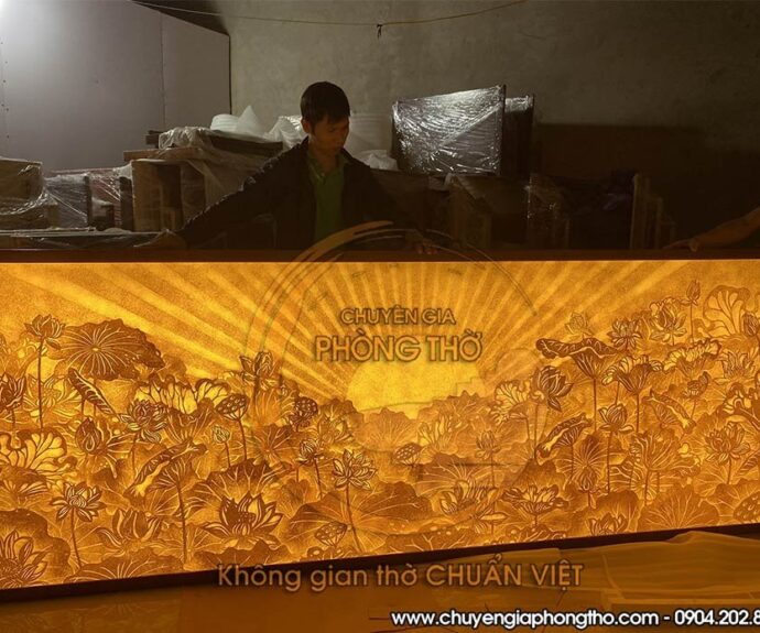 Hình ảnh thực tế mẫu tranh trúc chỉ đầm sen mặt trời hình chữ nhật