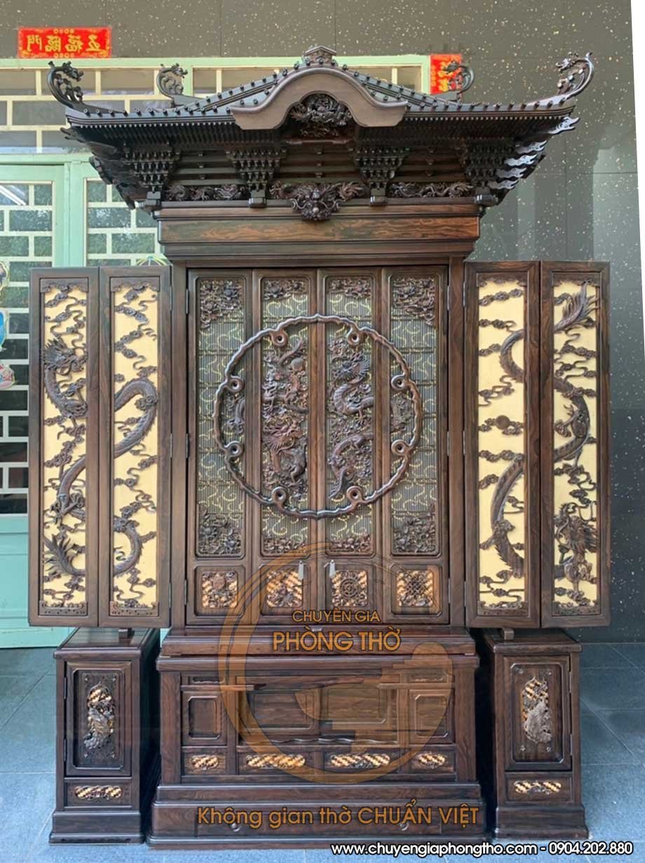 Mẫu tủ thờ kiểu Nhật gỗ kaki có kèm hai đôn 