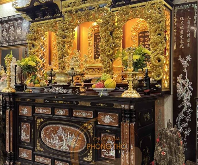 Mẫu tủ thờ Nhật Bản khảm ốc dát vàng 18k