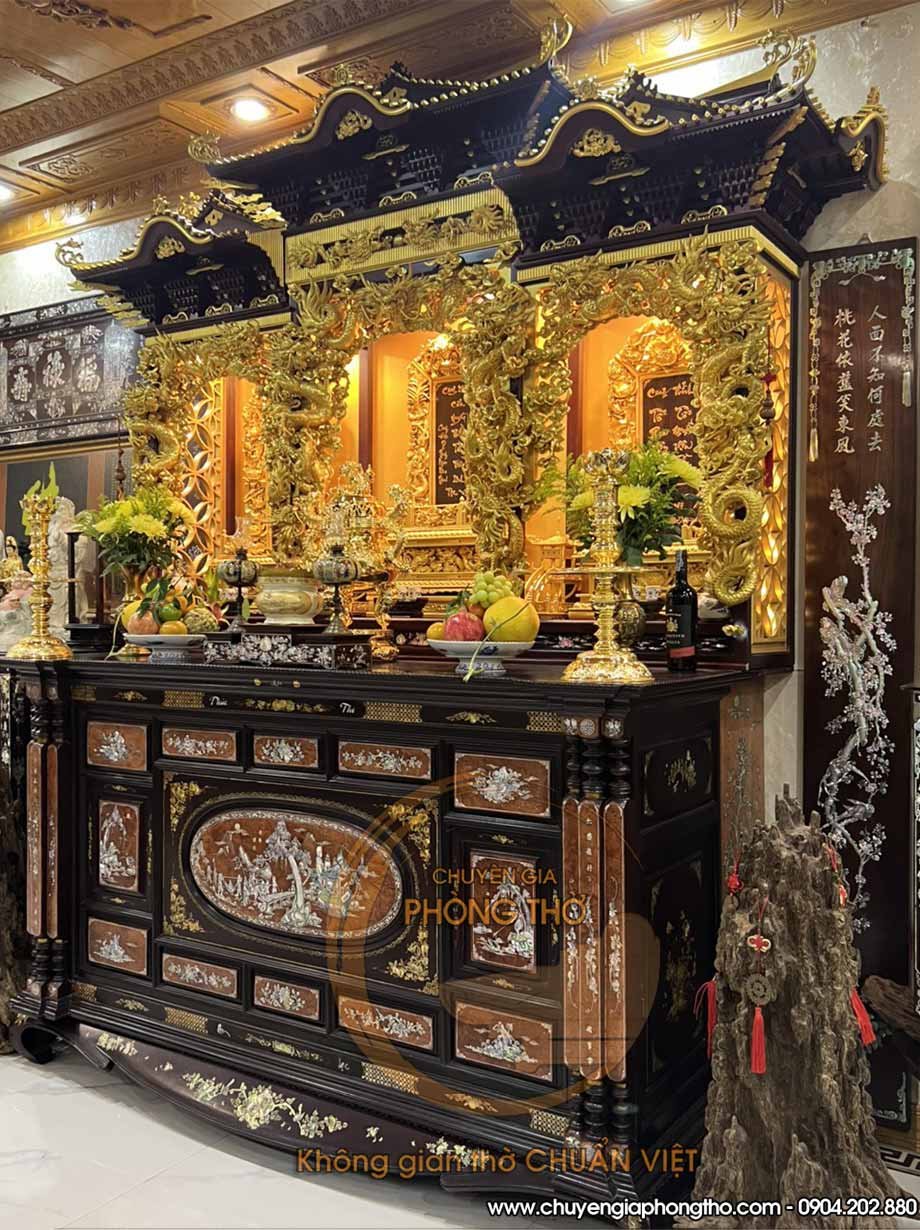 Mẫu tủ thờ Nhật Bản khảm ốc dát vàng 18k