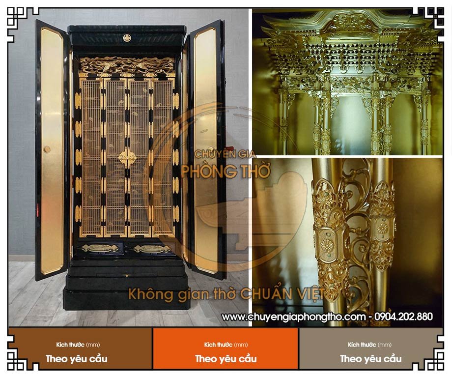 Mẫu tủ thờ Phật kiểu Nhật màu đen dát vàng với nội thất tinh xảo
