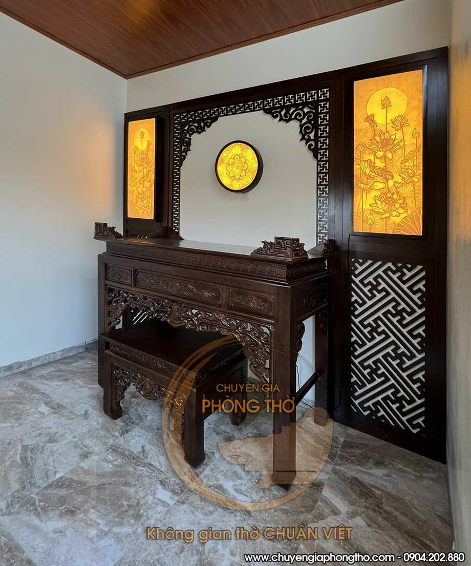 Lắp đặt hoàn thiện phòng thờ gia tiên gỗ gụ tại Hoàng Mai Hà Nội