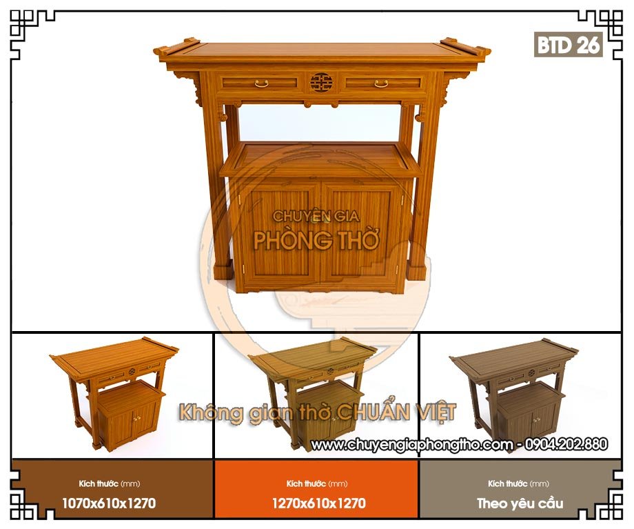 Mẫu bàn thờ đứng gỗ mít 127x61x127cm BTD26 có 3 màu thông dụng