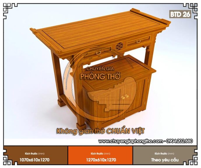Mẫu bàn thờ đứng gỗ mít 127x61x127cm BTD26 có kích thước chuẩn phong thuỷ