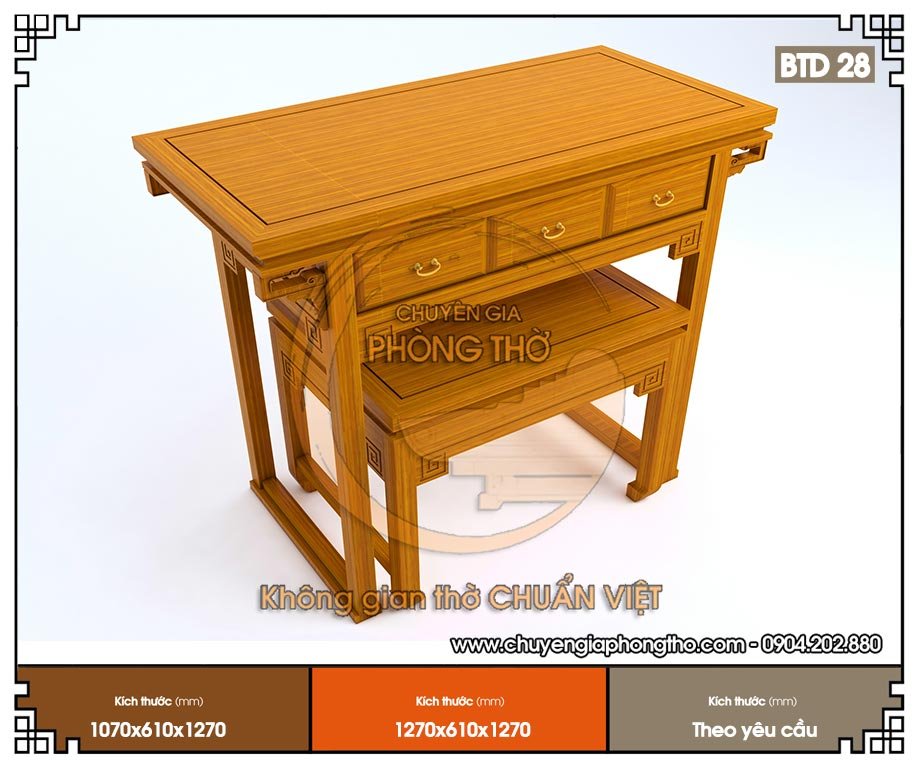 Mẫu bàn thờ đứng gỗ sồi 107x61x127cm BTD28 có kích thước chuẩn phong thuỷ