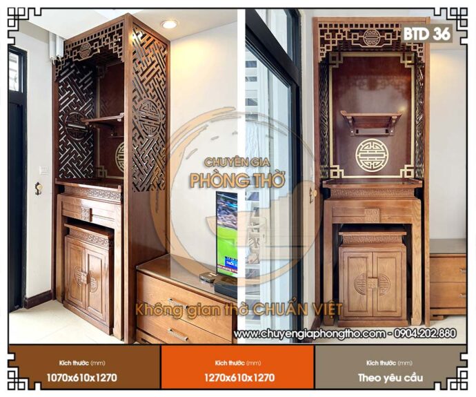Mẫu ban thờ chung cư hiện đại họa tiết chữ Thọ BTD36