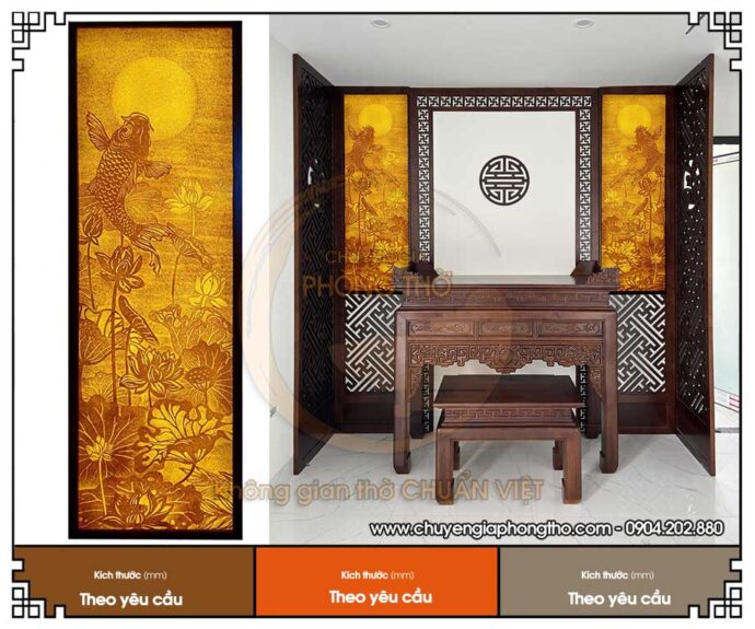 Mẫu tranh trúc chỉ hoa sen cá chép trang trí phòng thờ