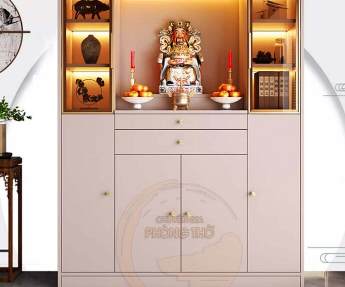 Mẫu tủ thờ 2 tầng màu trắng hiện đại kết hợp tủ trang trí BTD65