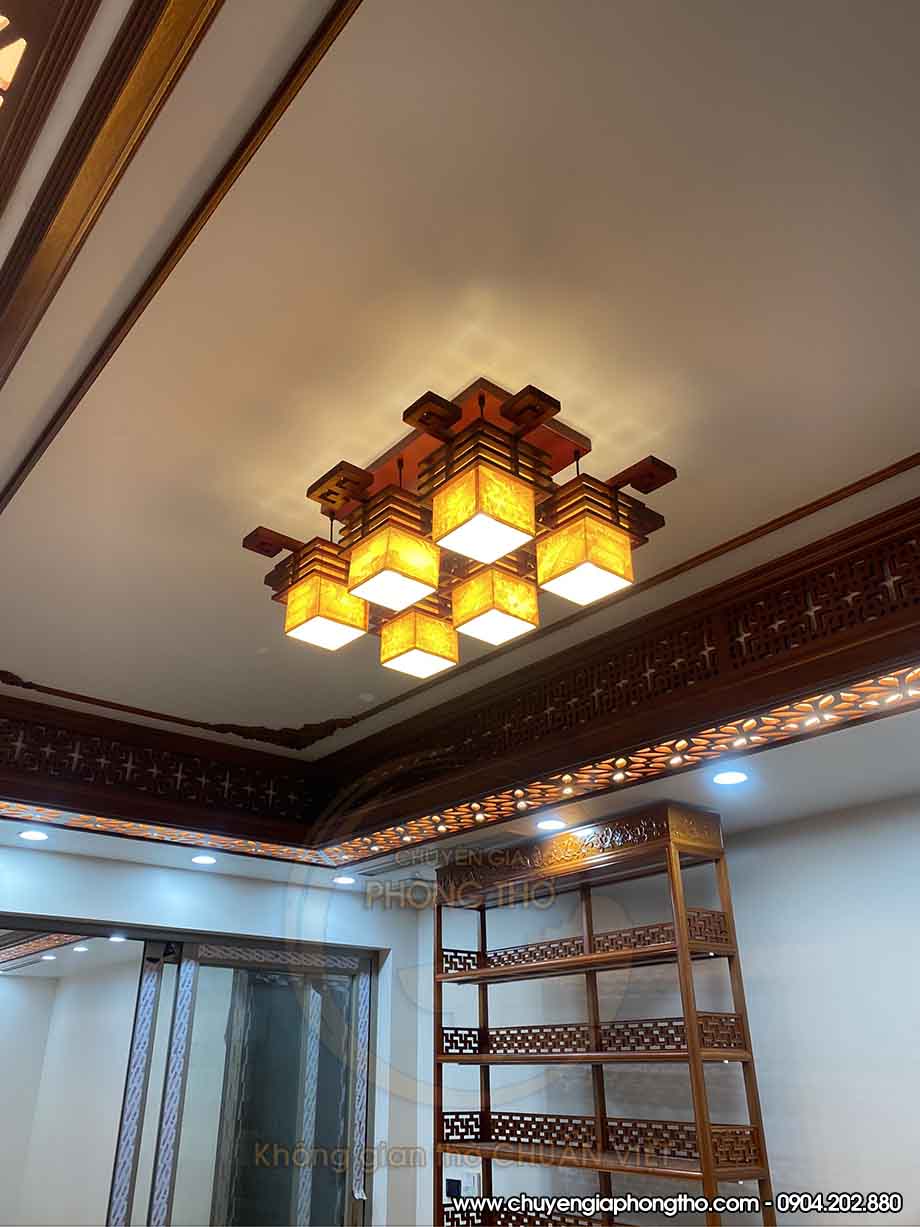 Lắp đặt đèn gỗ thả trần phòng thờ DG31 tại Bắc Ninh
