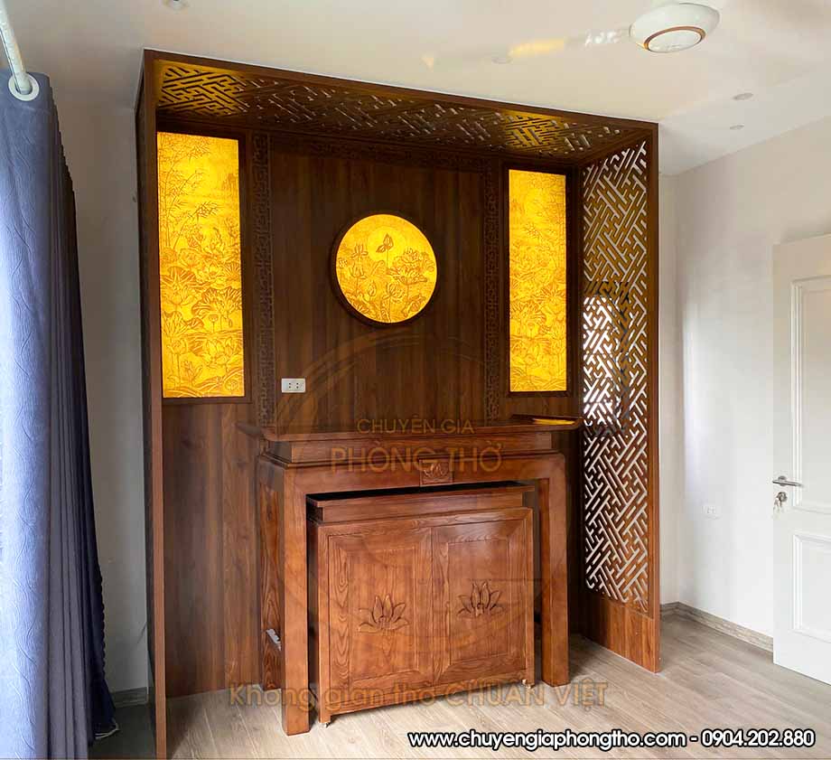 Lắp đặt bàn thờ đứng gỗ sồi với nội thất khủng tại chung cư Lumi Hà Nội