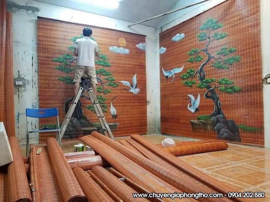 Mành trúc vẽ thủ công nghệ thuật treo nhà thờ họ