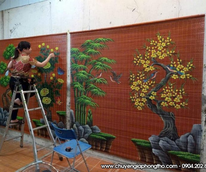 Mành trúc vẽ thủ công nghệ thuật treo nhà thờ họ