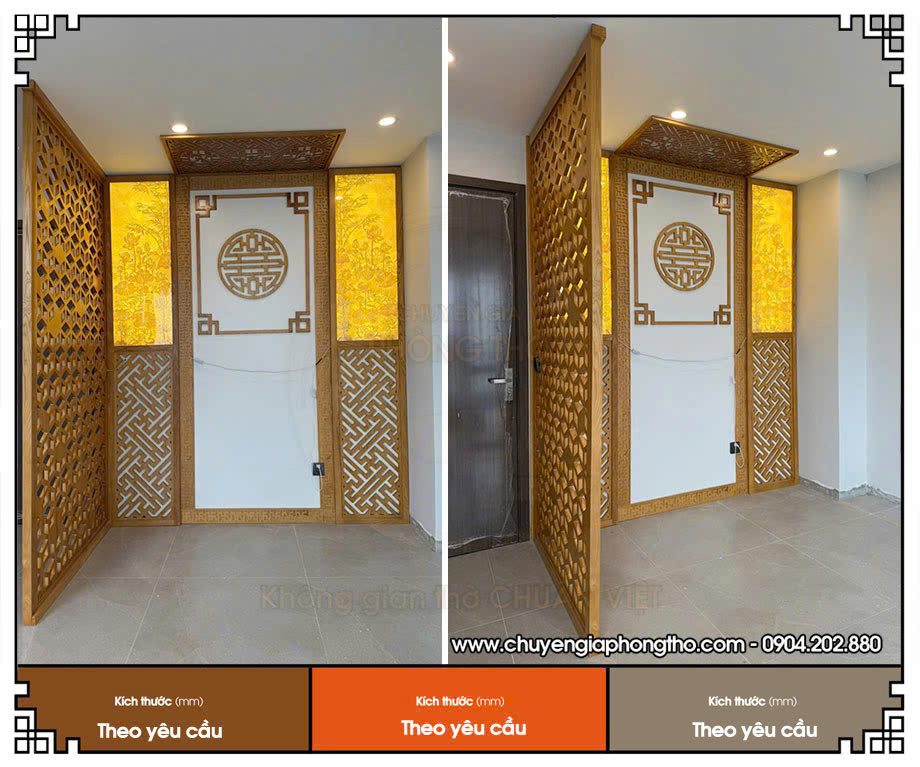 Lắp đặt vách ngăn bàn thờ gỗ sồi kết hợp tranh trúc chỉ tại chung cư HC Golden City