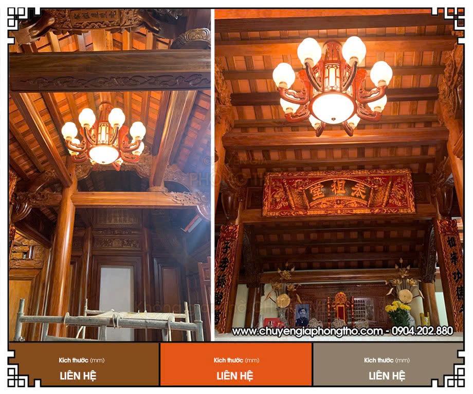 Mẫu đèn chùm gỗ tân cổ điển lắp đặt cho nhà thờ họ Nguyễn tại Hoài Đức