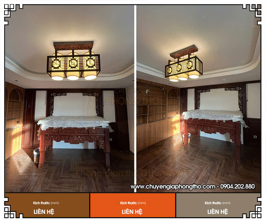Thi công hoàn thiện đèn thả gỗ trang trí Phúc Lộc Thọ phòng thờ tại biệt thự Phú Sơn