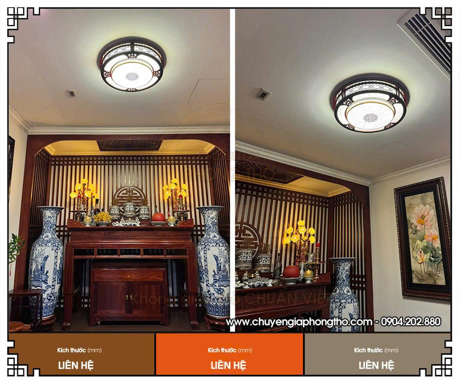 Hình ảnh thực tế mẫu đèn gỗ ốp trần phòng thờ lắp đặt tại chung cư Handiresco