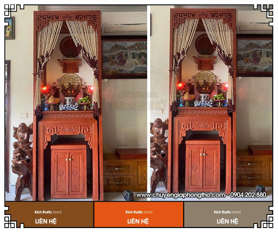 Mẫu bàn thờ đứng gỗ gõ kèm vách ngăn và rèm che lắp đặt tại đường Xuân Đỉnh