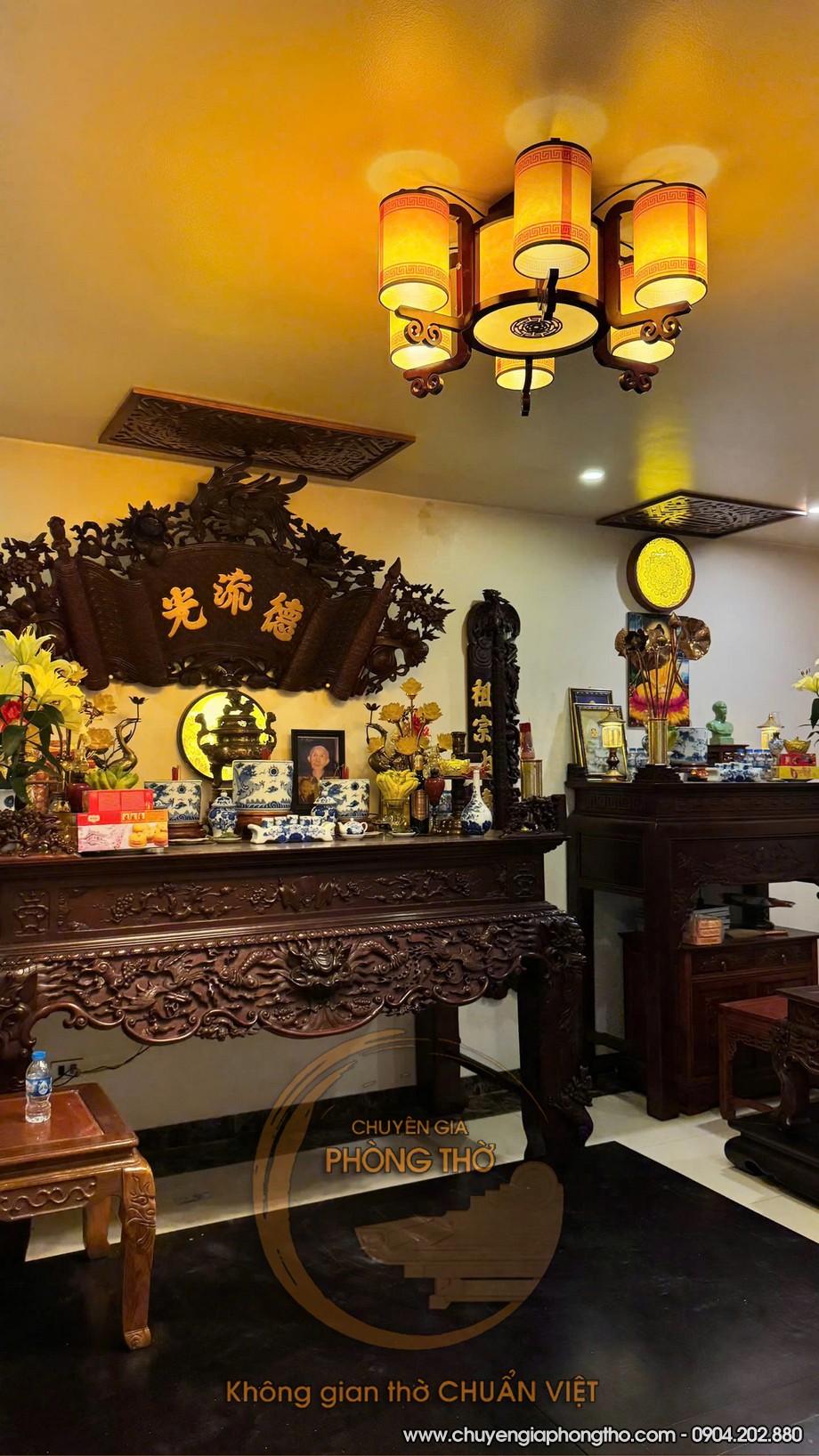 Thi công hoàn thiện mẫu đèn chùm gỗ phòng thờ cao cấp chất liệu gỗ tự nhiên Thi công hoàn thiện mẫu đèn chùm gỗ phòng thờ cao cấp tại Phú Thượng