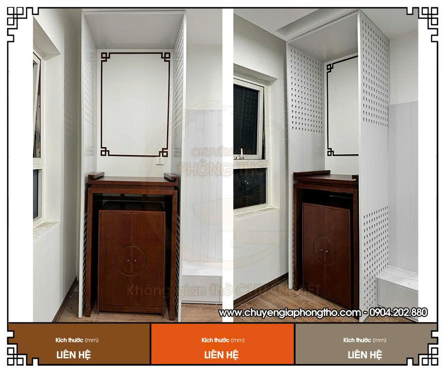 Mẫu bàn thờ đứng kèm vách ngăn trắng hiện đại lắp đặt tại chung cư E2 Yên Hòa